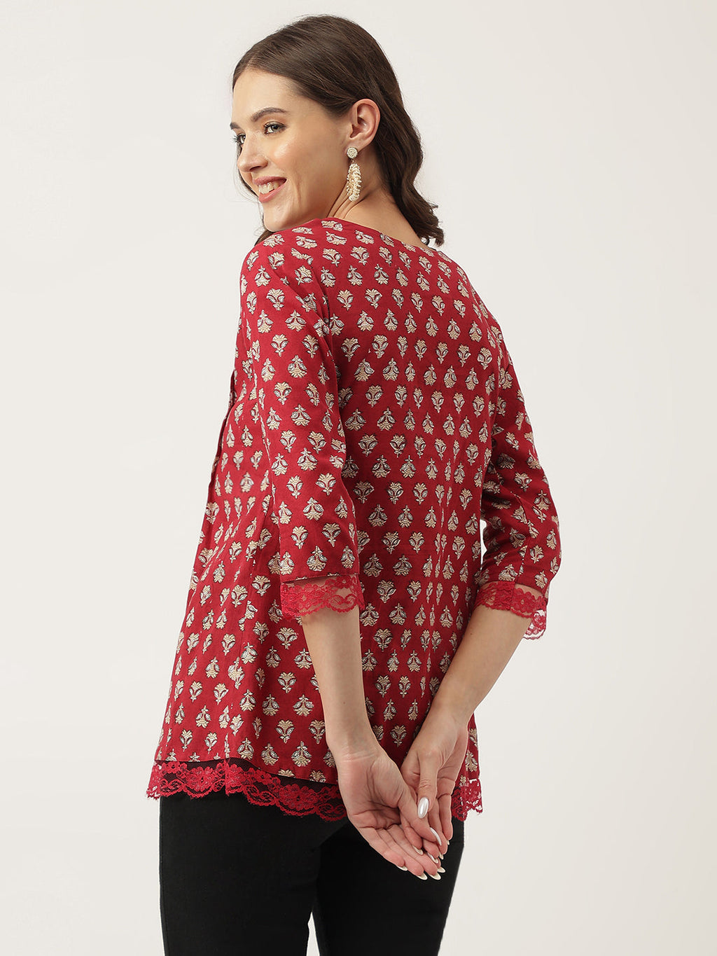 Noe Velarro Maroon Floral Printed Cotton Peplum Top