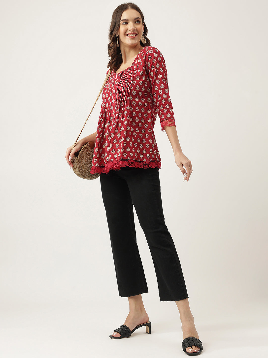 Noe Velarro Maroon Floral Printed Cotton Peplum Top