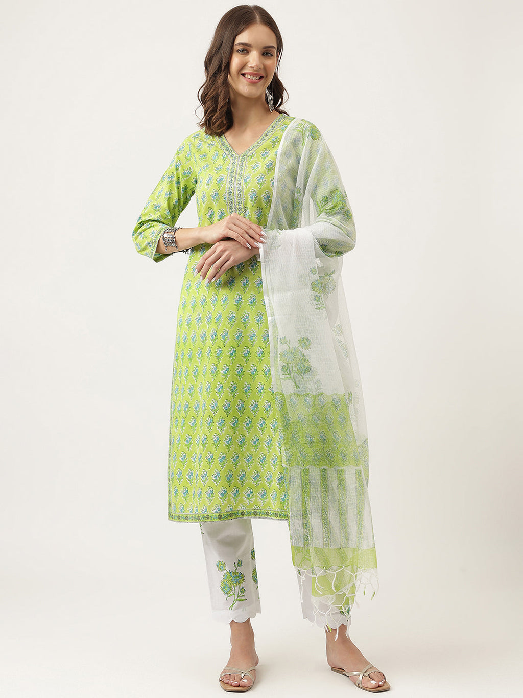 Noe Velarro Green Handblock Floral Printed Kurta Trouser & Kota Doria Dupatta Set