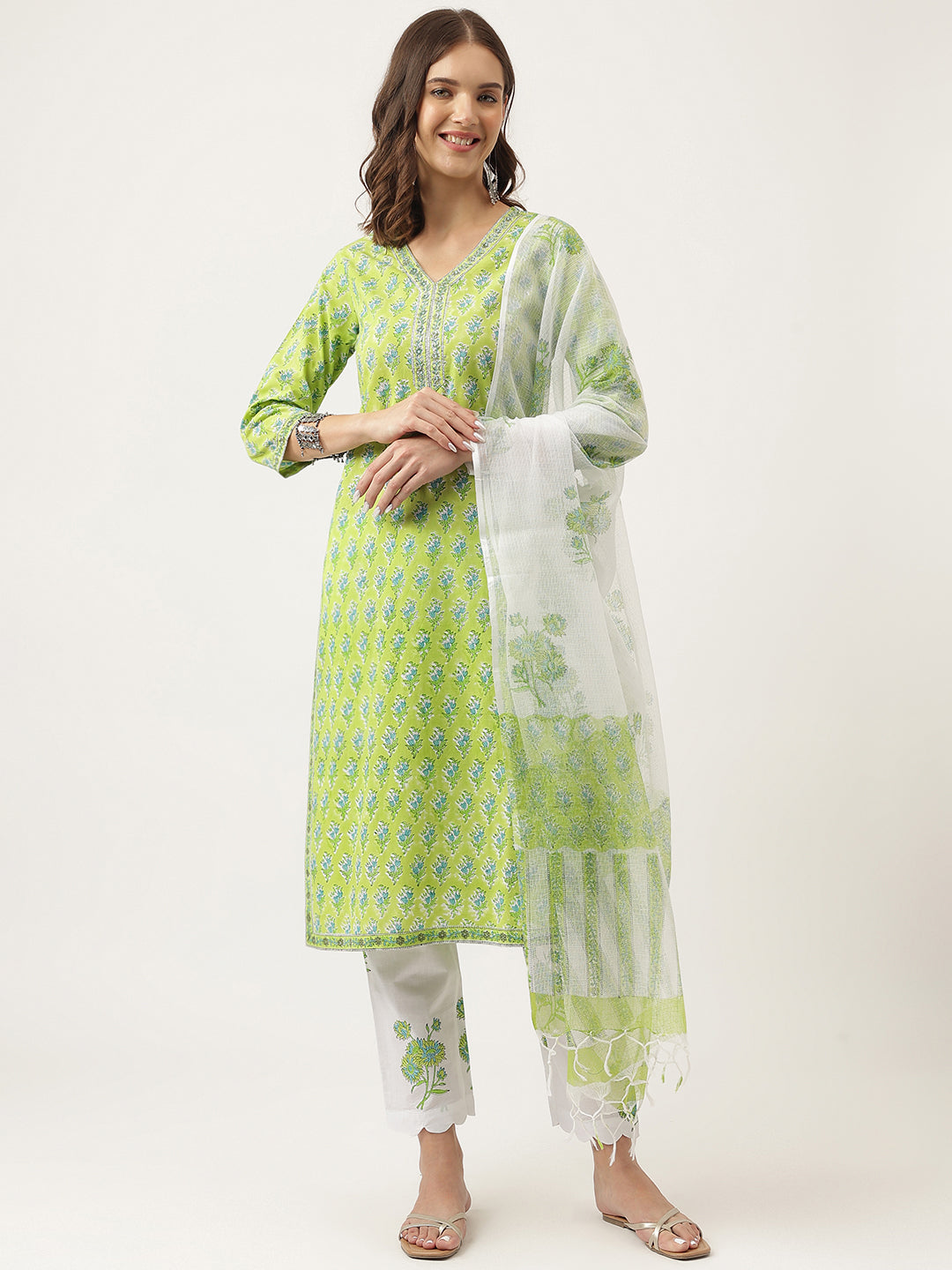 Noe Velarro Green Handblock Floral Printed Kurta Trouser & Kota Doria Dupatta Set