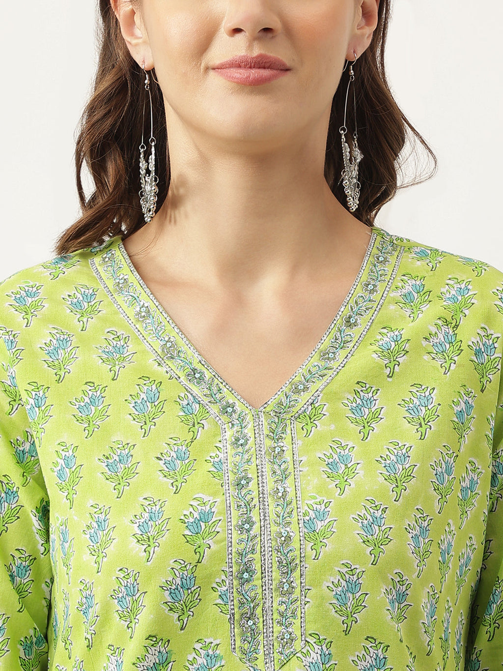 Noe Velarro Green Handblock Floral Printed Kurta Trouser & Kota Doria Dupatta Set