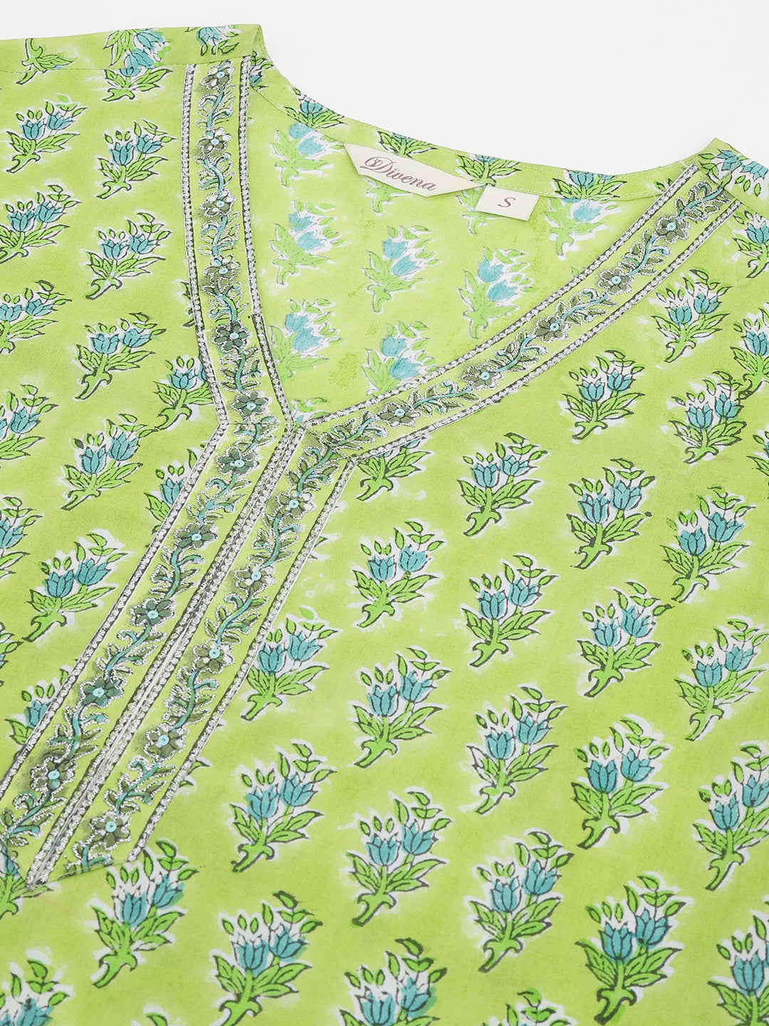 Noe Velarro Green Handblock Floral Printed Kurta Trouser & Kota Doria Dupatta Set