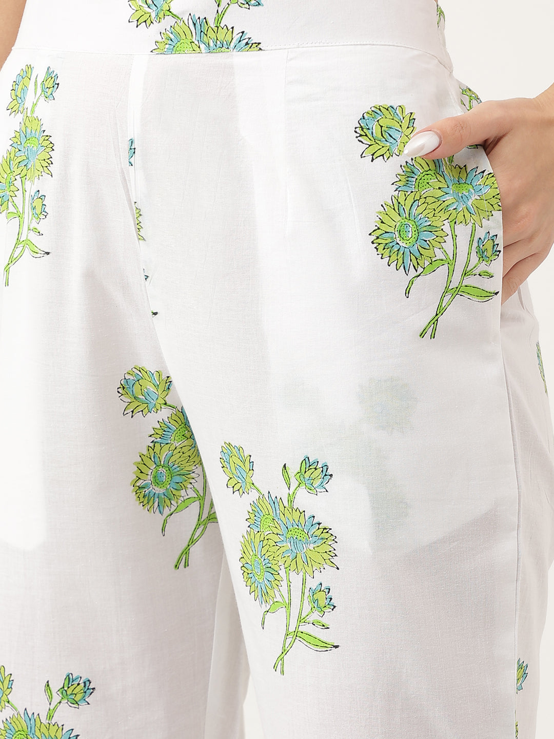 Noe Velarro Green Handblock Floral Printed Kurta Trouser & Kota Doria Dupatta Set