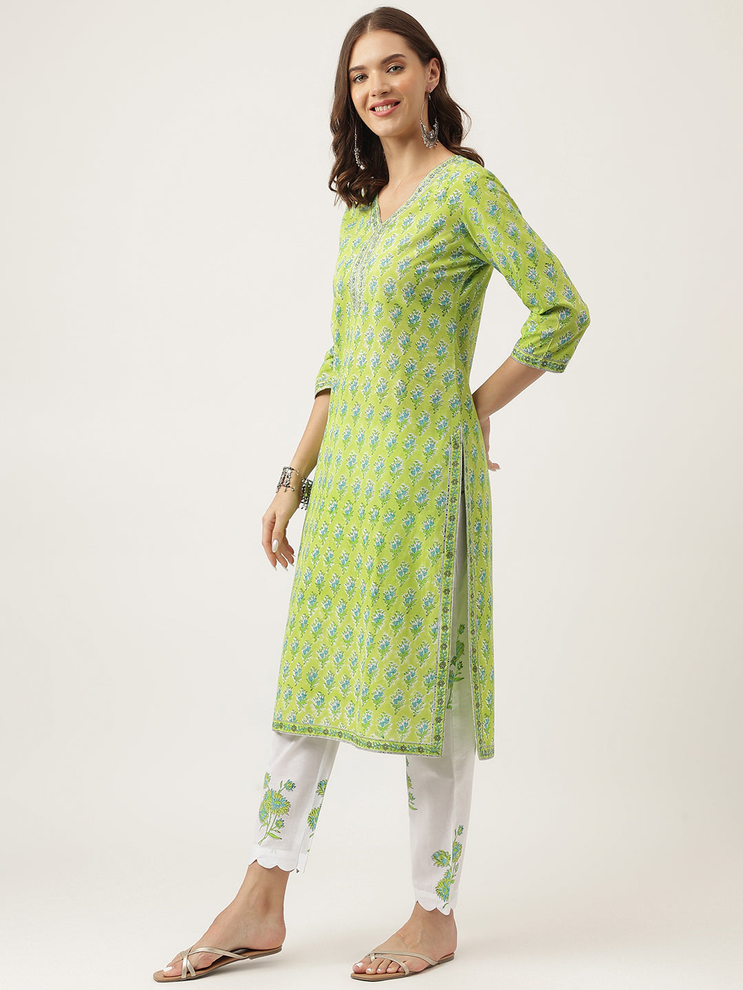 Noe Velarro Green Handblock Floral Printed Kurta Trouser & Kota Doria Dupatta Set