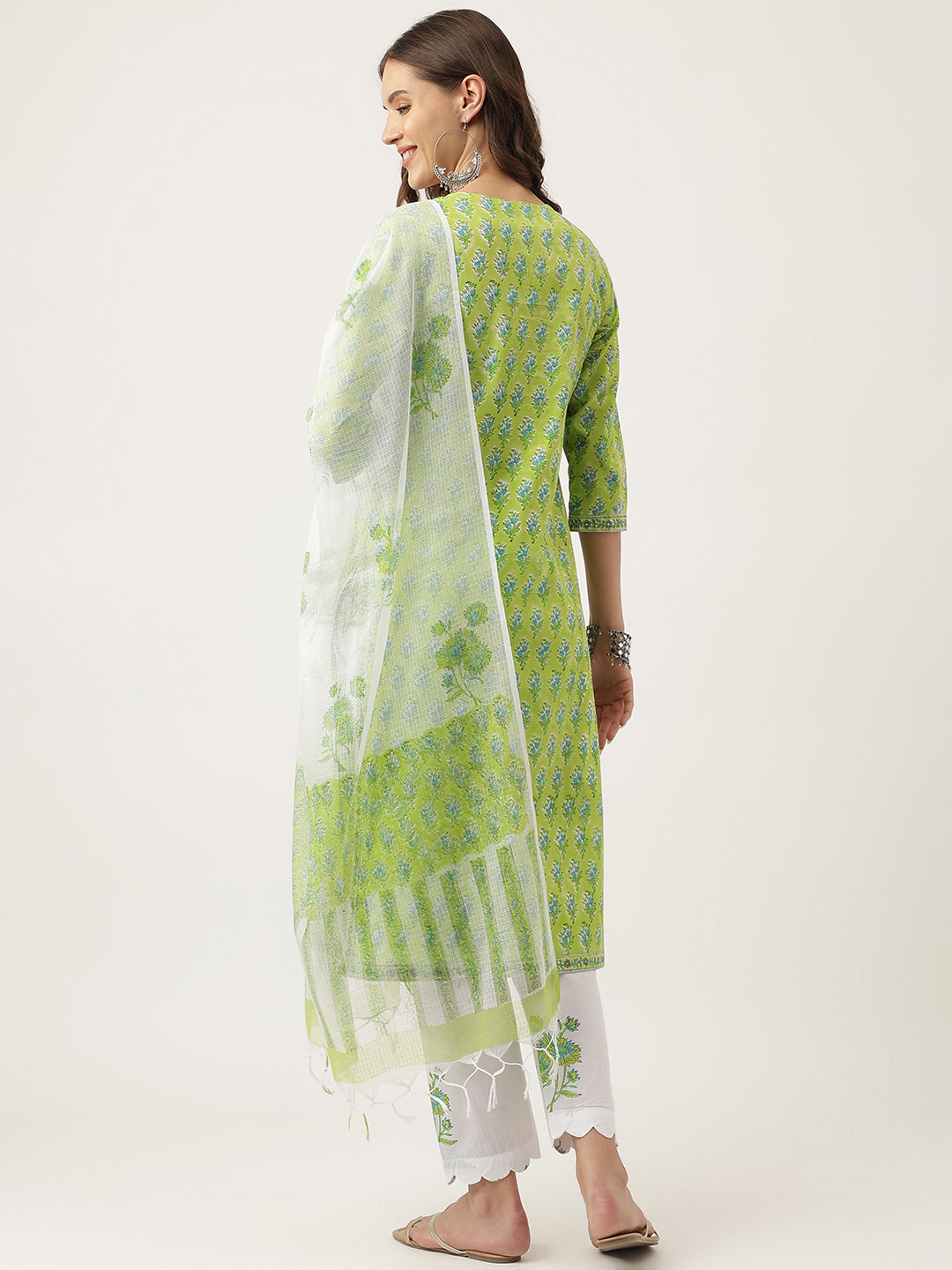 Noe Velarro Green Handblock Floral Printed Kurta Trouser & Kota Doria Dupatta Set