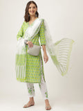 Noe Velarro Green Handblock Floral Printed Kurta Trouser & Kota Doria Dupatta Set