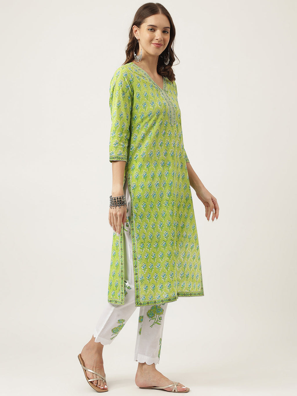 Noe Velarro Green Handblock Floral Printed Kurta Trouser & Kota Doria Dupatta Set