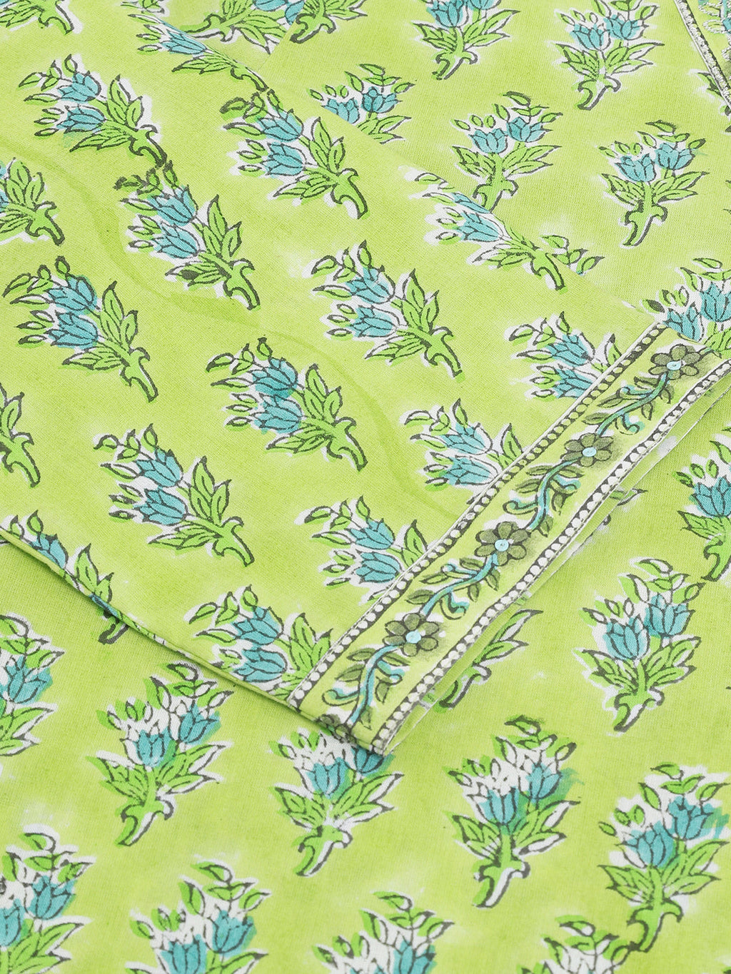 Noe Velarro Green Handblock Floral Printed Kurta Trouser & Kota Doria Dupatta Set
