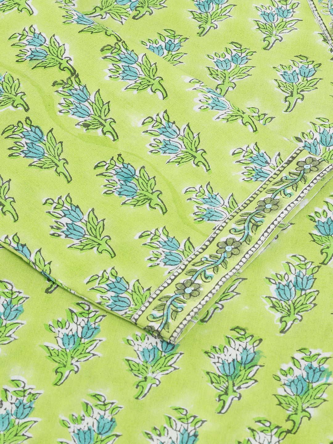 Noe Velarro Green Handblock Floral Printed Kurta Trouser & Kota Doria Dupatta Set