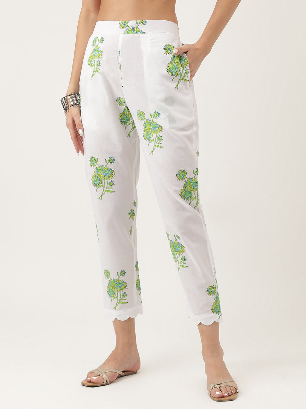 Noe Velarro Green Handblock Floral Printed Kurta Trouser & Kota Doria Dupatta Set