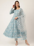 Noe Velarro Sky Blue Hand Block Floral Print Cotton Kurta, Trouser With Dupatta
