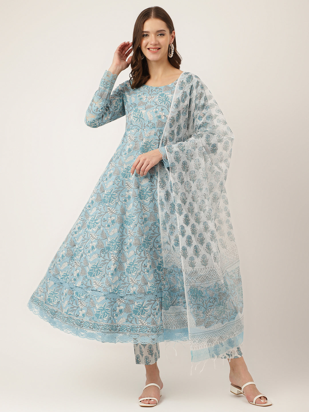 Noe Velarro Sky Blue Hand Block Floral Print Cotton Kurta, Trouser With Dupatta