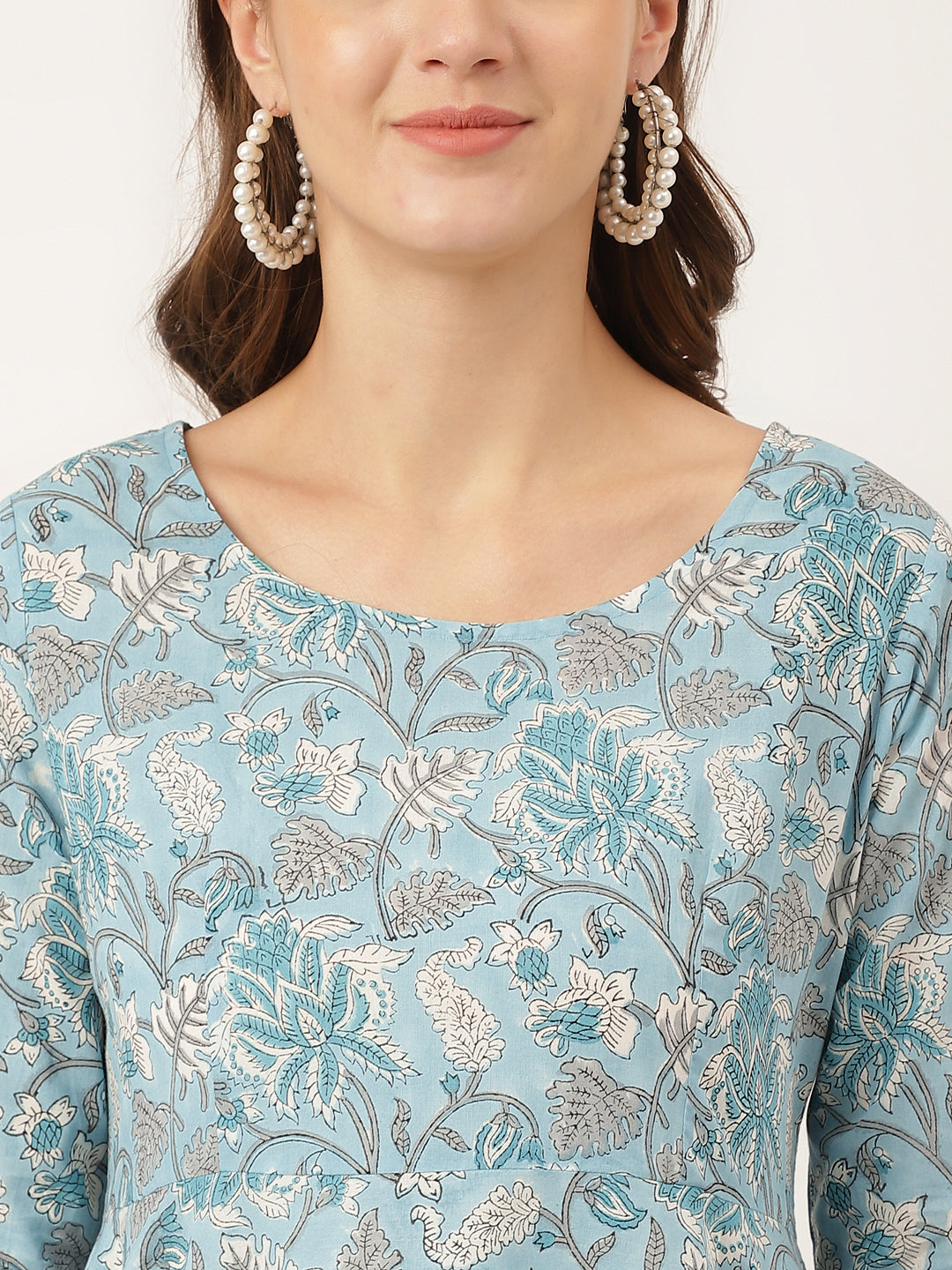Noe Velarro Sky Blue Hand Block Floral Print Cotton Kurta, Trouser With Dupatta