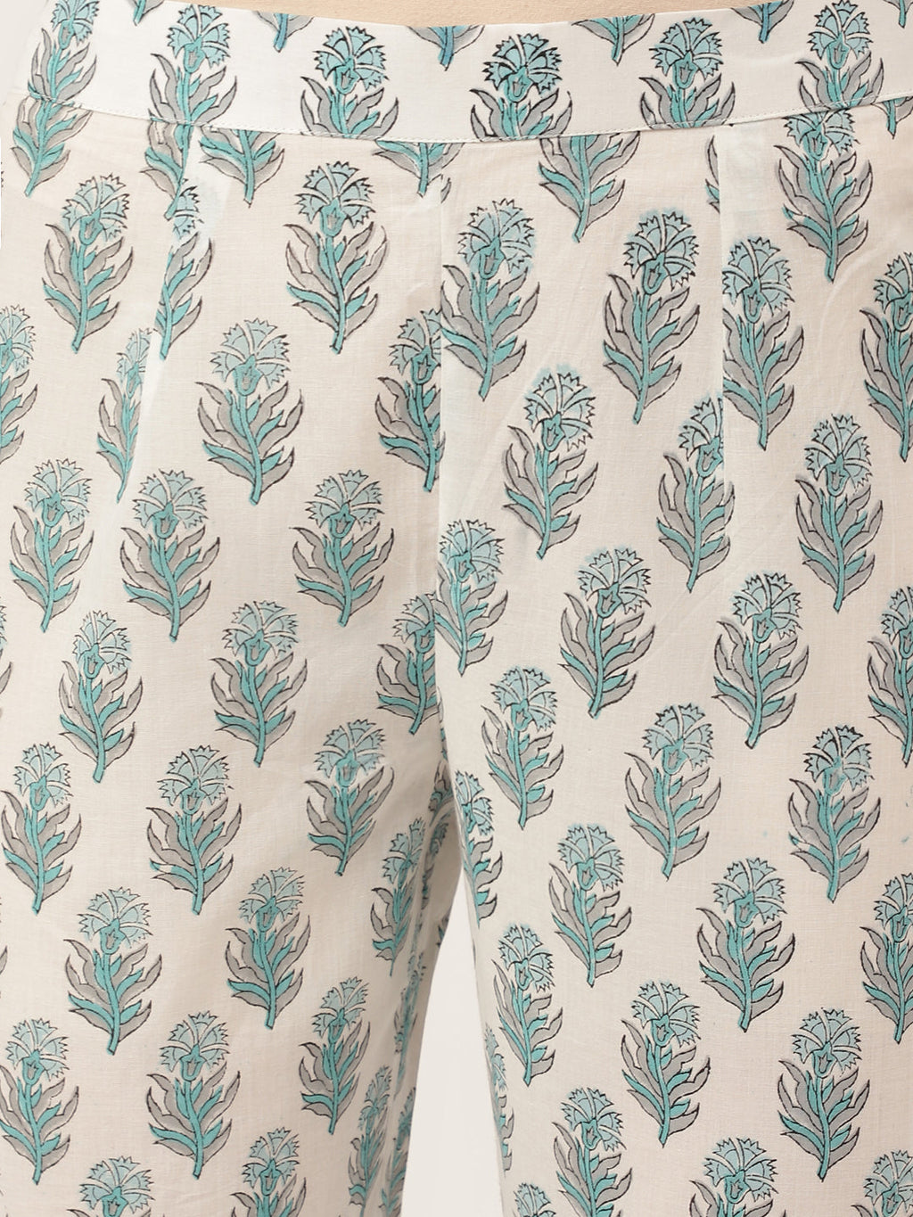 Noe Velarro Sky Blue Hand Block Floral Print Cotton Kurta, Trouser With Dupatta