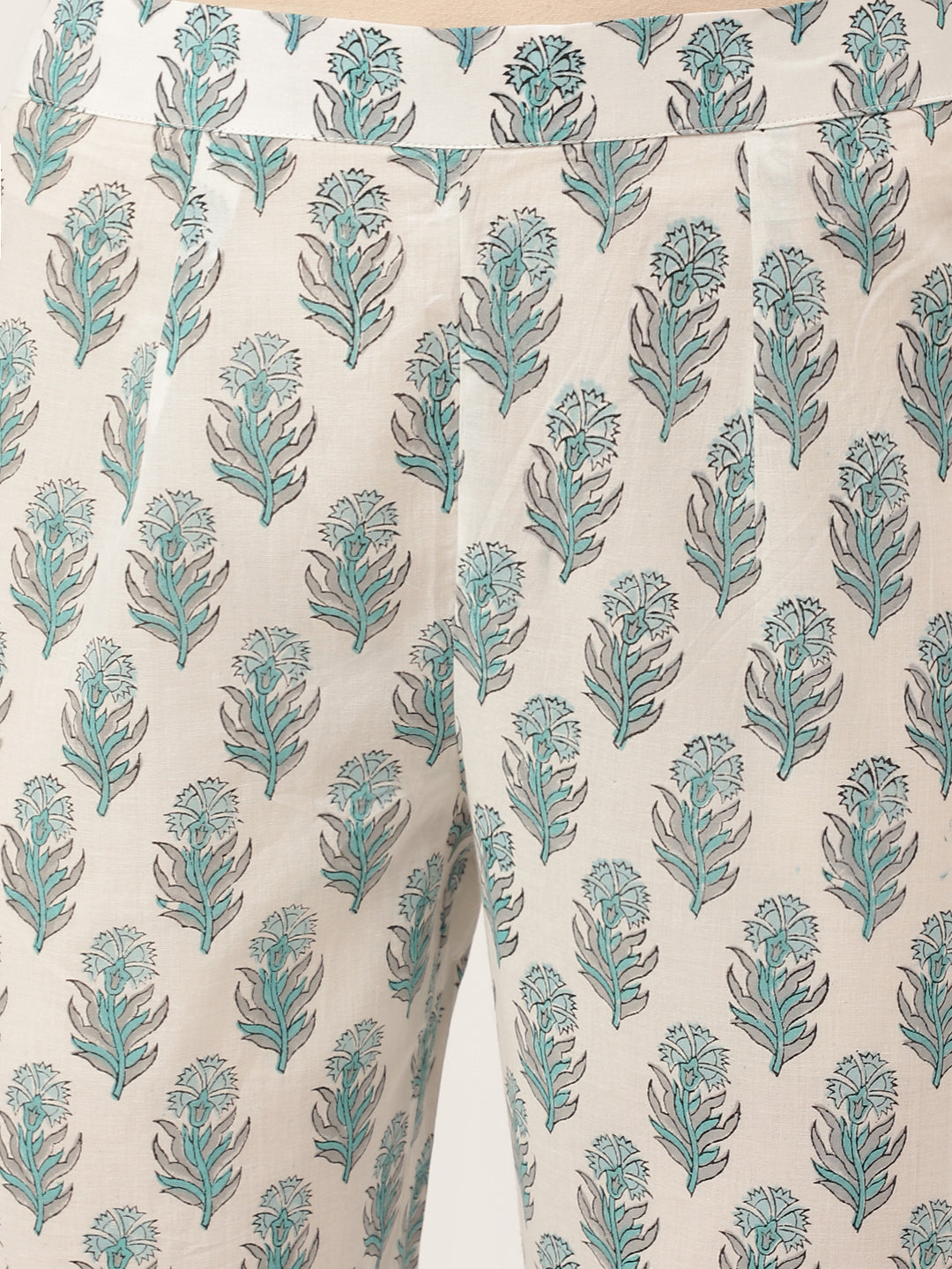 Noe Velarro Sky Blue Hand Block Floral Print Cotton Kurta, Trouser With Dupatta