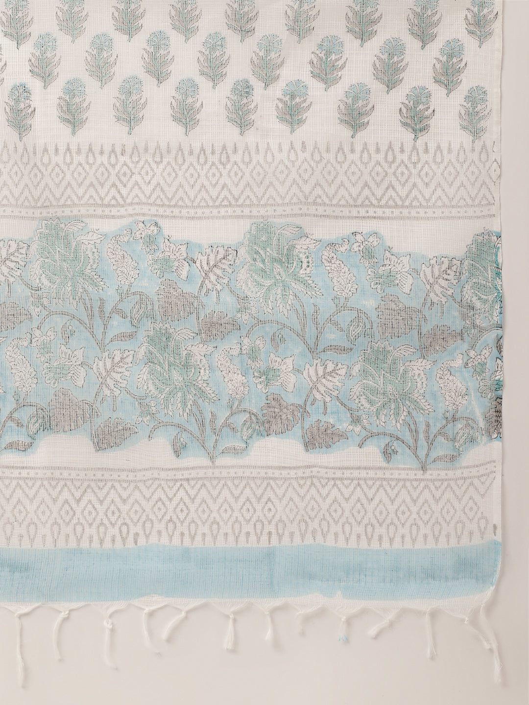 Noe Velarro Sky Blue Hand Block Floral Print Cotton Kurta, Trouser With Dupatta