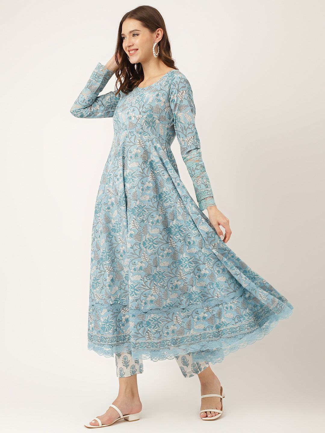 Noe Velarro Sky Blue Hand Block Floral Print Cotton Kurta, Trouser With Dupatta