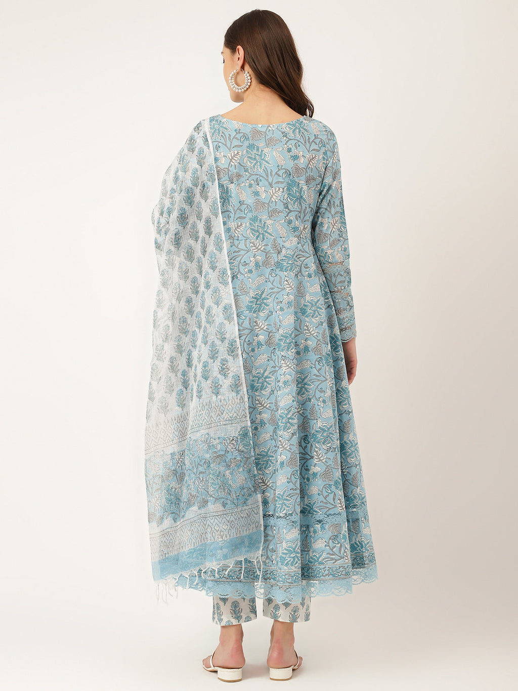 Noe Velarro Sky Blue Hand Block Floral Print Cotton Kurta, Trouser With Dupatta