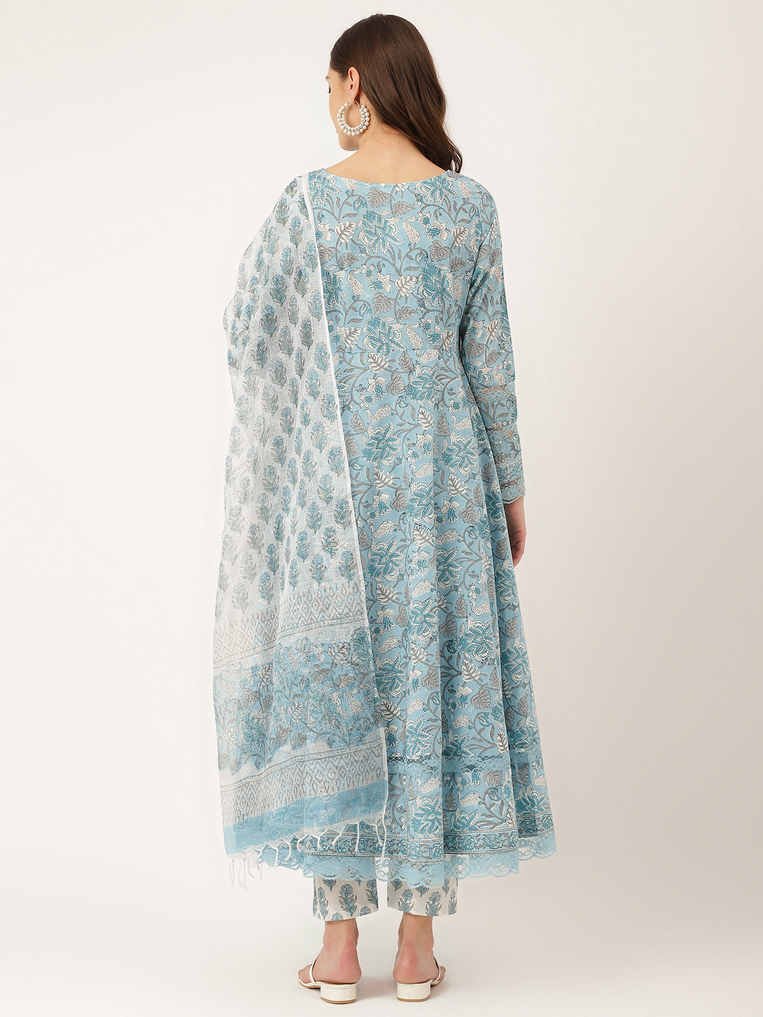 Noe Velarro Sky Blue Hand Block Floral Print Cotton Kurta, Trouser With Dupatta
