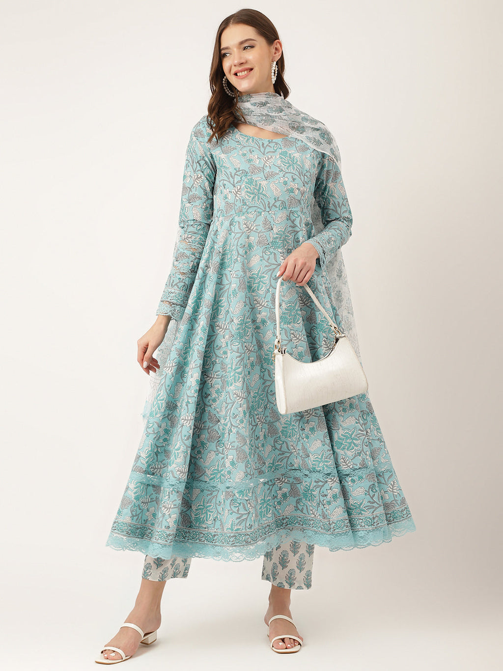 Noe Velarro Sky Blue Hand Block Floral Print Cotton Kurta, Trouser With Dupatta