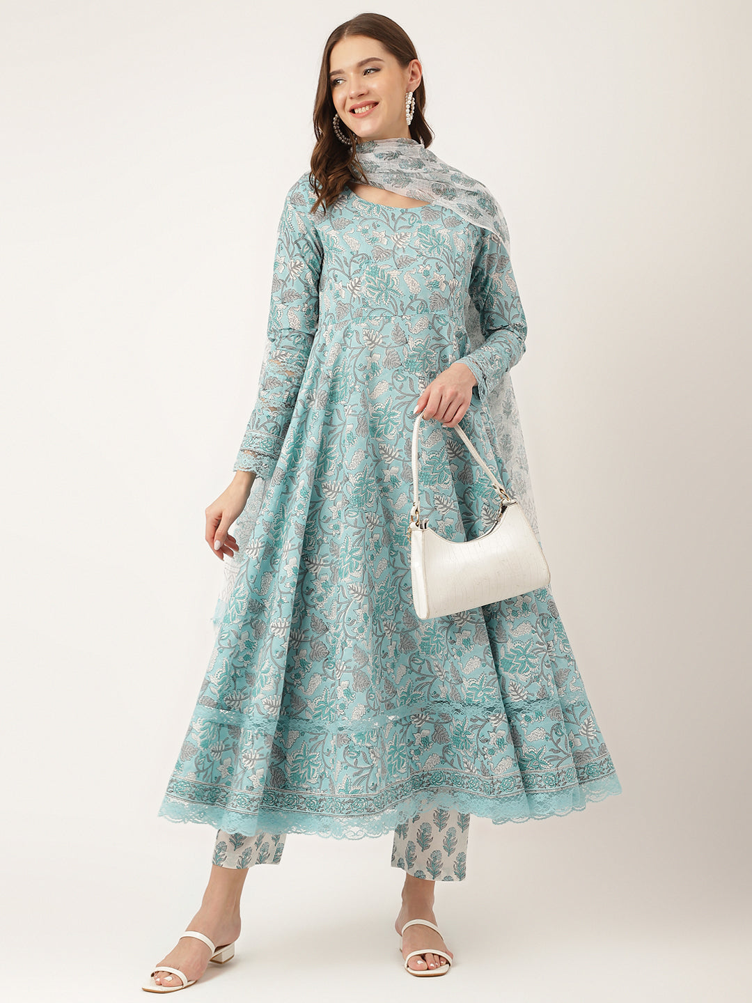 Noe Velarro Sky Blue Hand Block Floral Print Cotton Kurta, Trouser With Dupatta