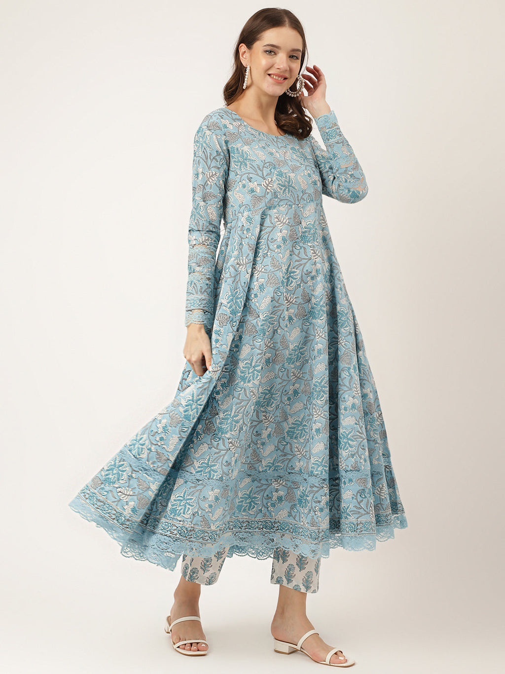 Noe Velarro Sky Blue Hand Block Floral Print Cotton Kurta, Trouser With Dupatta