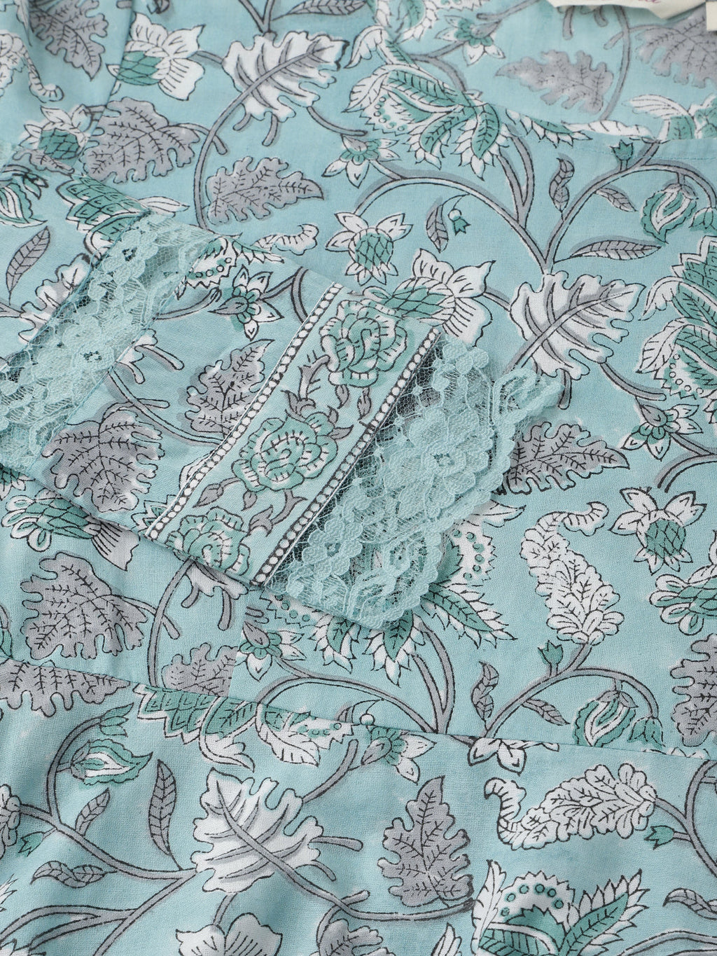 Noe Velarro Sky Blue Hand Block Floral Print Cotton Kurta, Trouser With Dupatta