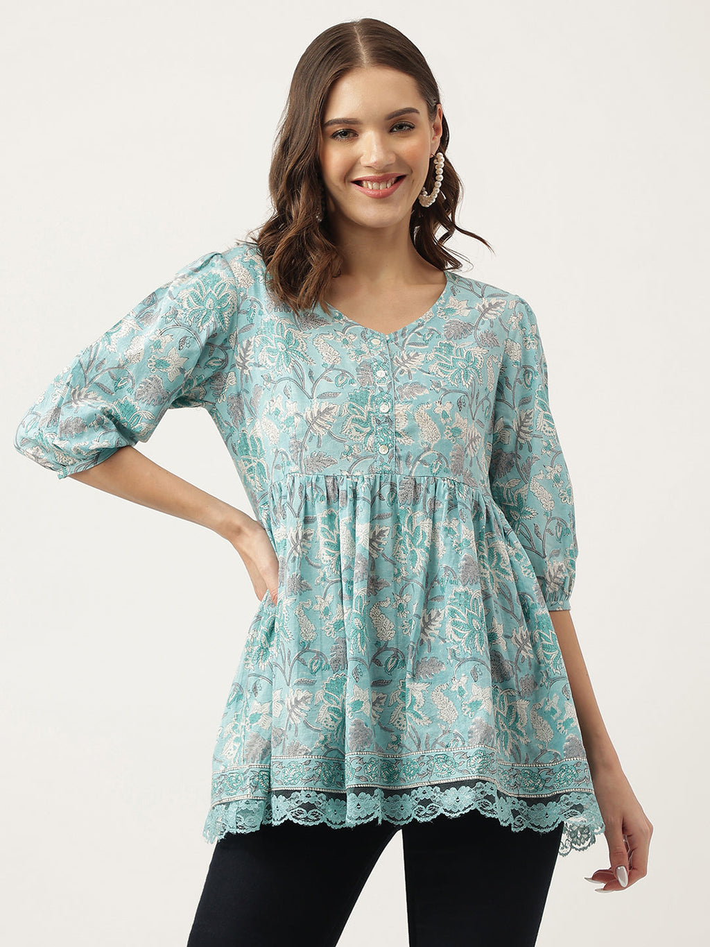Noe Velarro Light Blue Floral Printed Cotton Peplum Fit Top