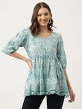 Noe Velarro Light Blue Floral Printed Cotton Peplum Fit Top