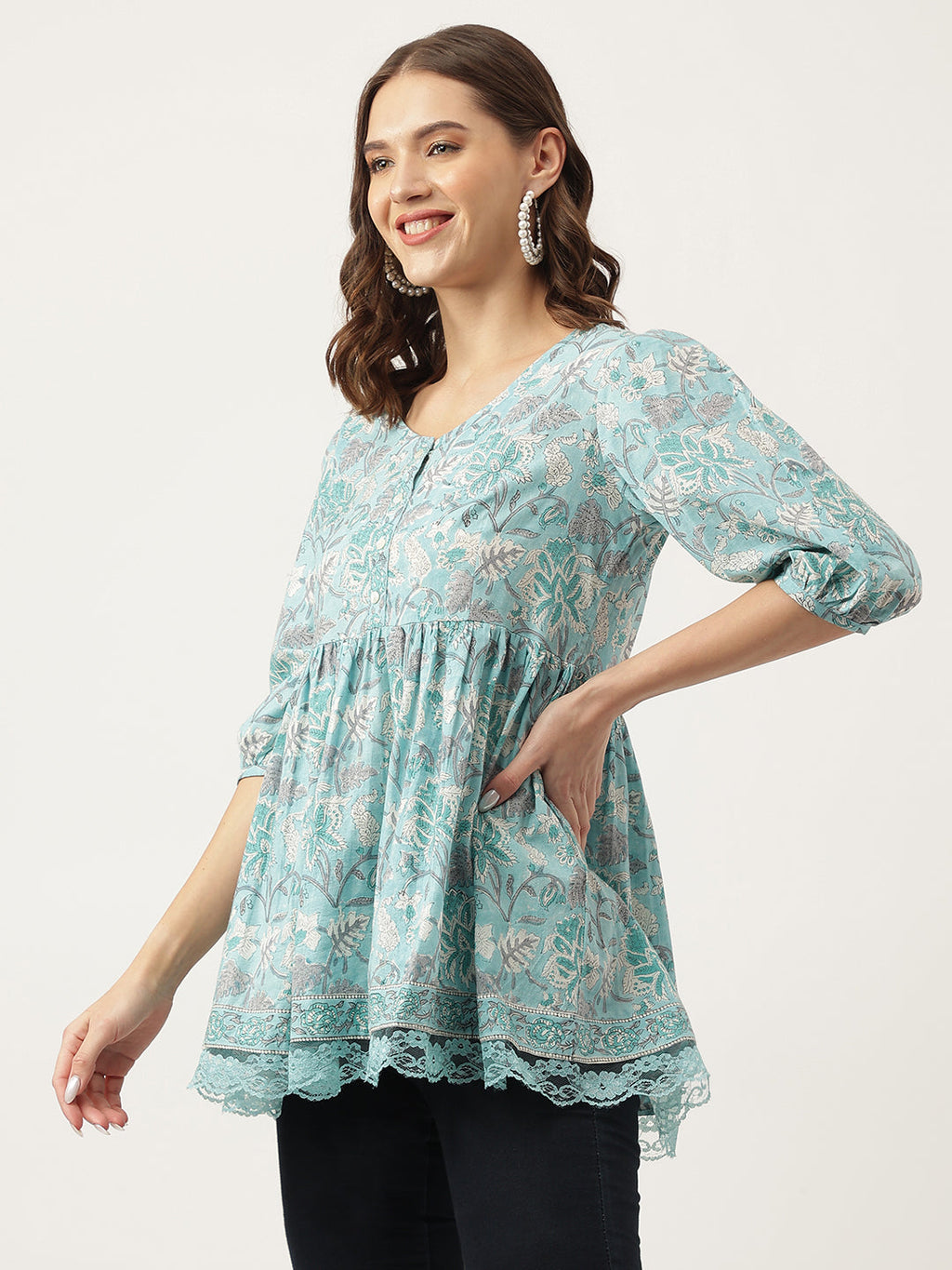 Noe Velarro Light Blue Floral Printed Cotton Peplum Fit Top