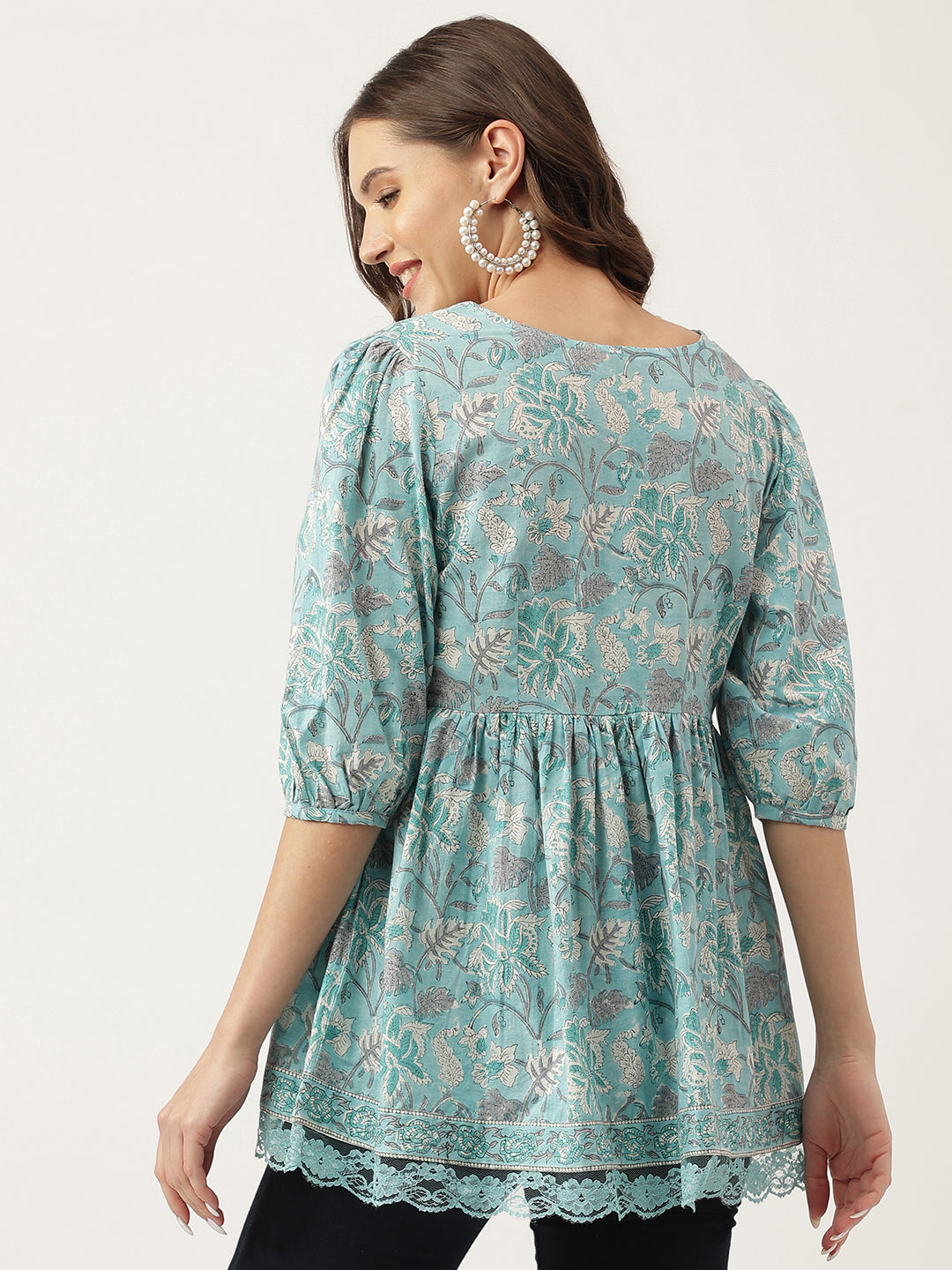 Noe Velarro Light Blue Floral Printed Cotton Peplum Fit Top