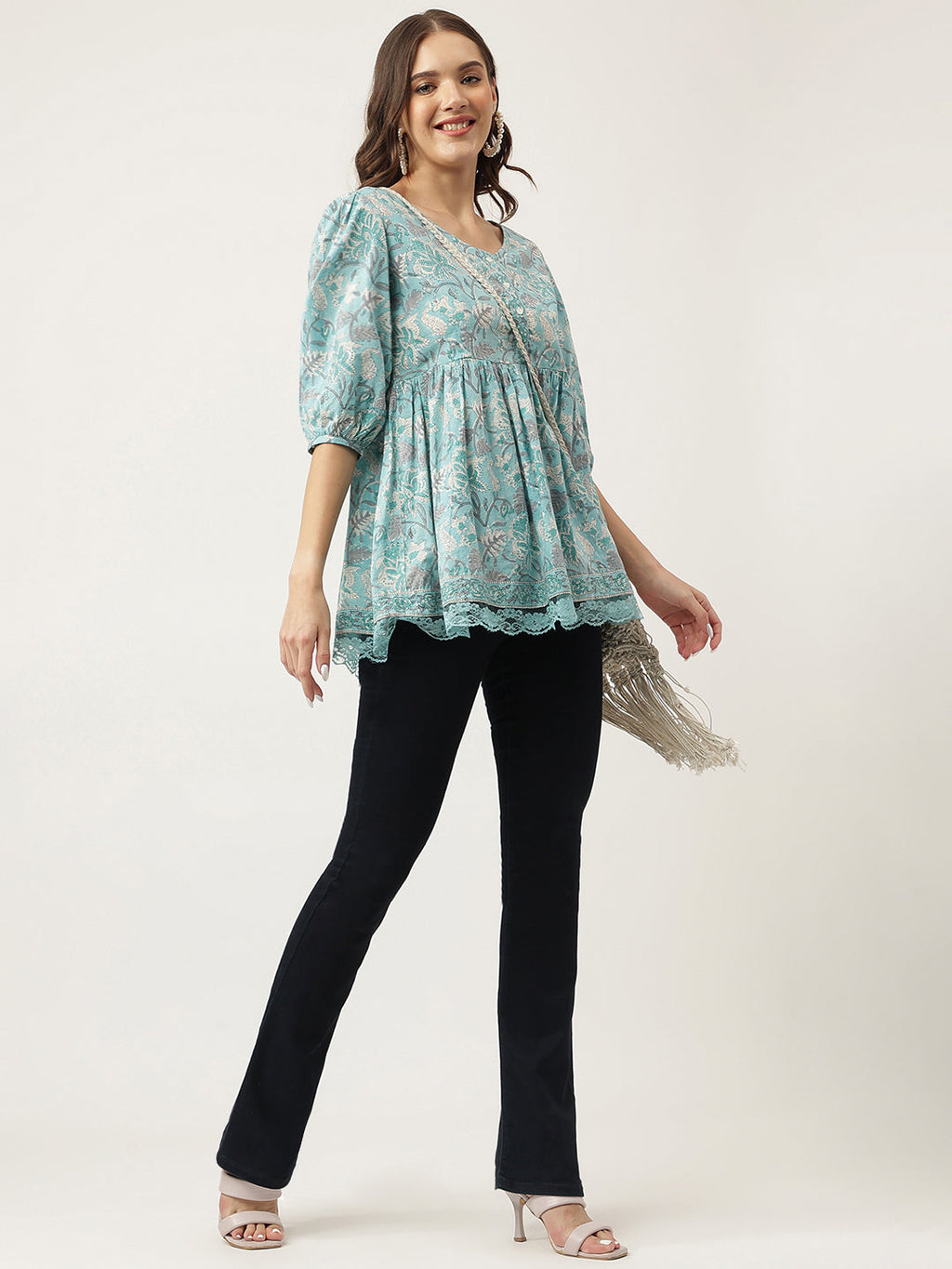 Noe Velarro Light Blue Floral Printed Cotton Peplum Fit Top