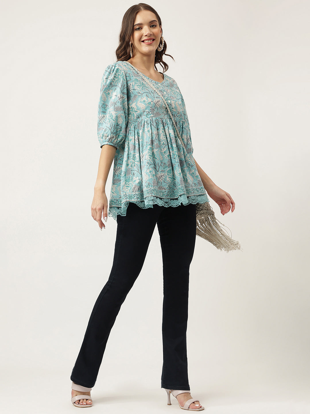 Noe Velarro Light Blue Floral Printed Cotton Peplum Fit Top