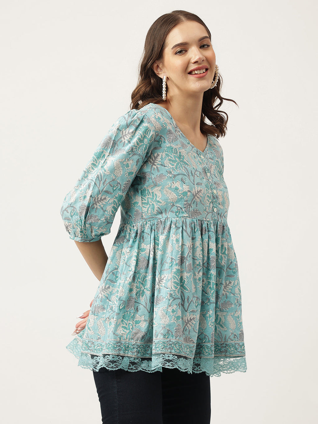 Noe Velarro Light Blue Floral Printed Cotton Peplum Fit Top