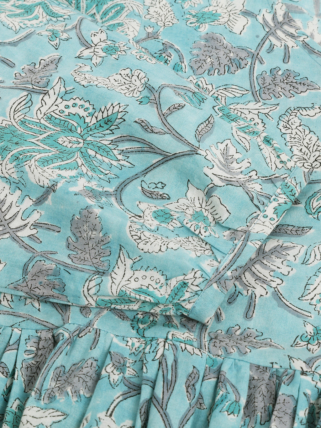 Noe Velarro Light Blue Floral Printed Cotton Peplum Fit Top