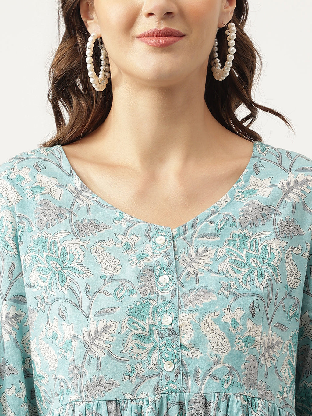 Noe Velarro Light Blue Floral Printed Cotton Peplum Fit Top