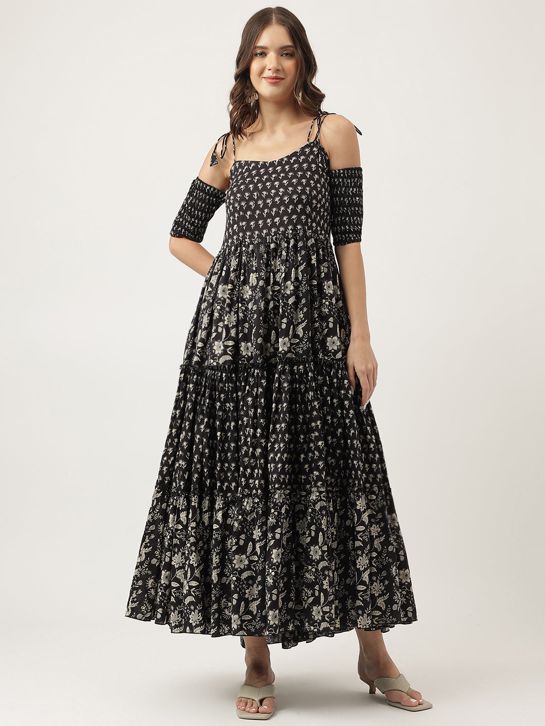 Noe Velarro Floral Printed Cotton Cold Shoulder Tiered Dress