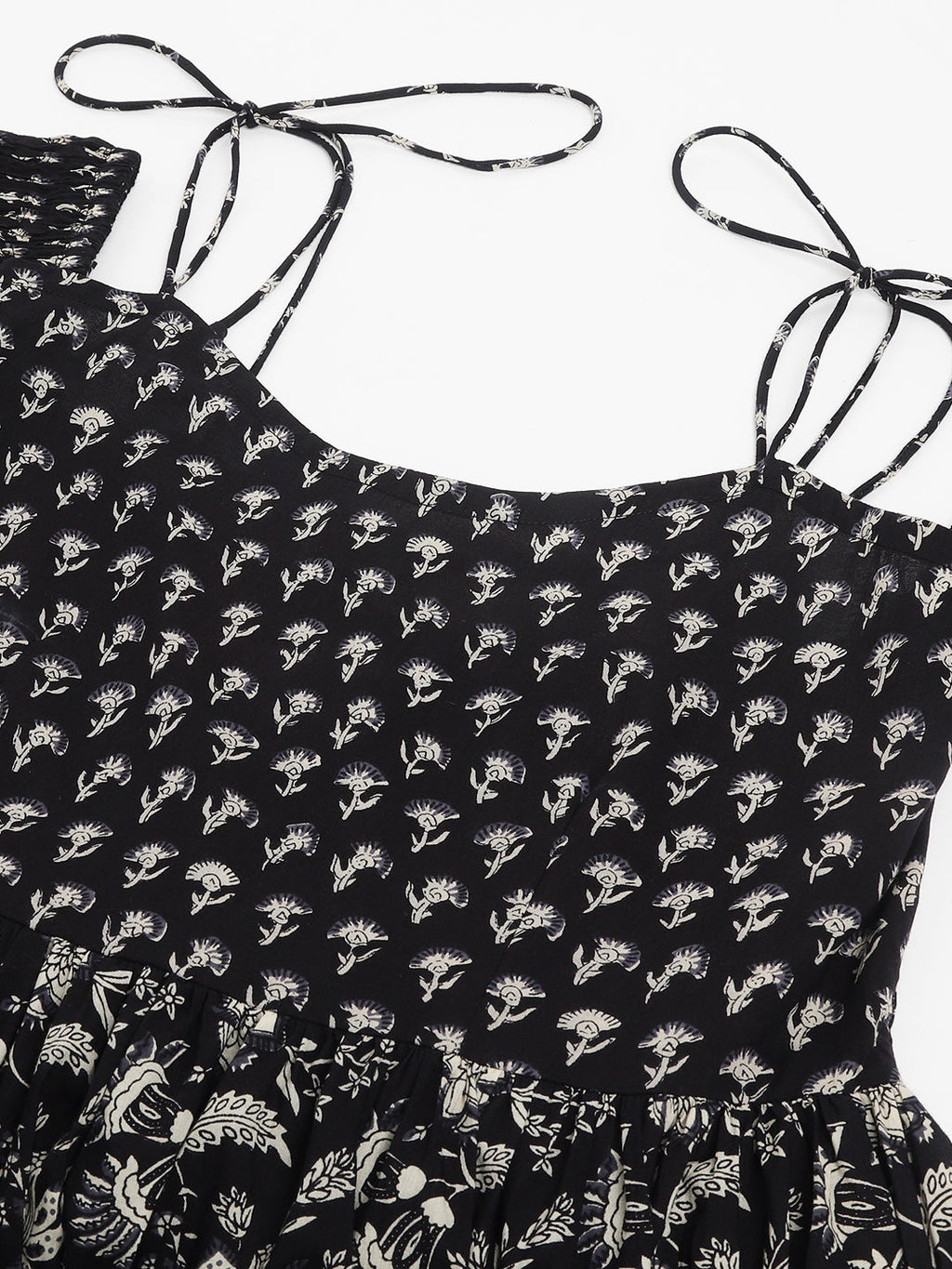 Noe Velarro Floral Printed Cotton Cold Shoulder Tiered Dress