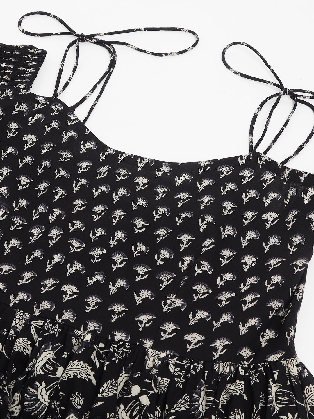 Noe Velarro Floral Printed Cotton Cold Shoulder Tiered Dress