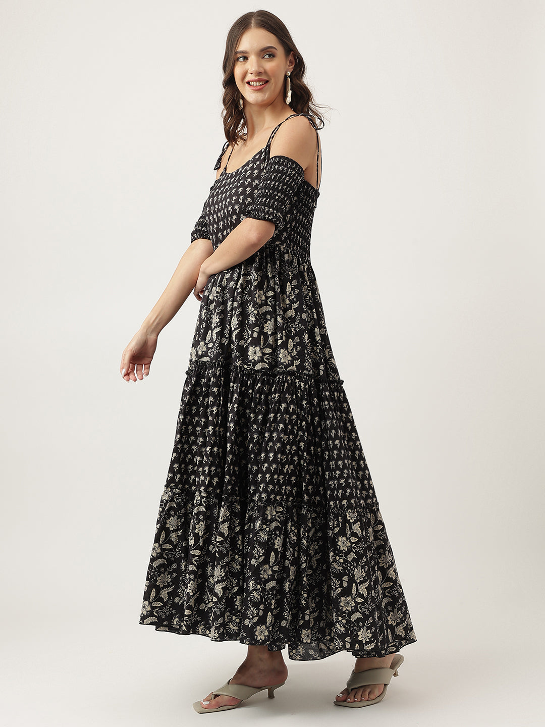 Noe Velarro Floral Printed Cotton Cold Shoulder Tiered Dress