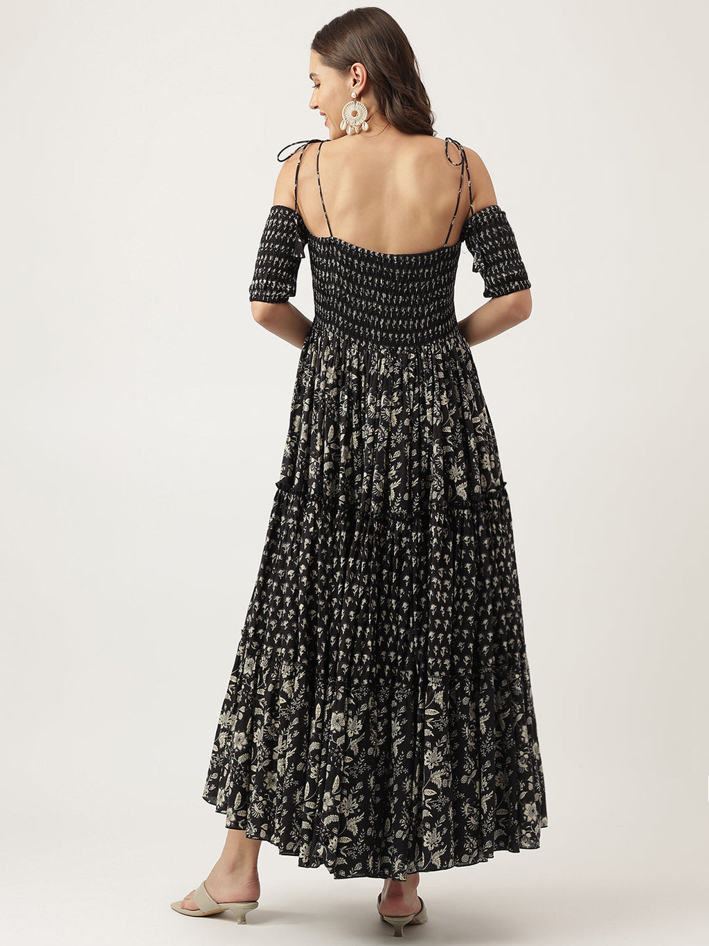 Noe Velarro Floral Printed Cotton Cold Shoulder Tiered Dress