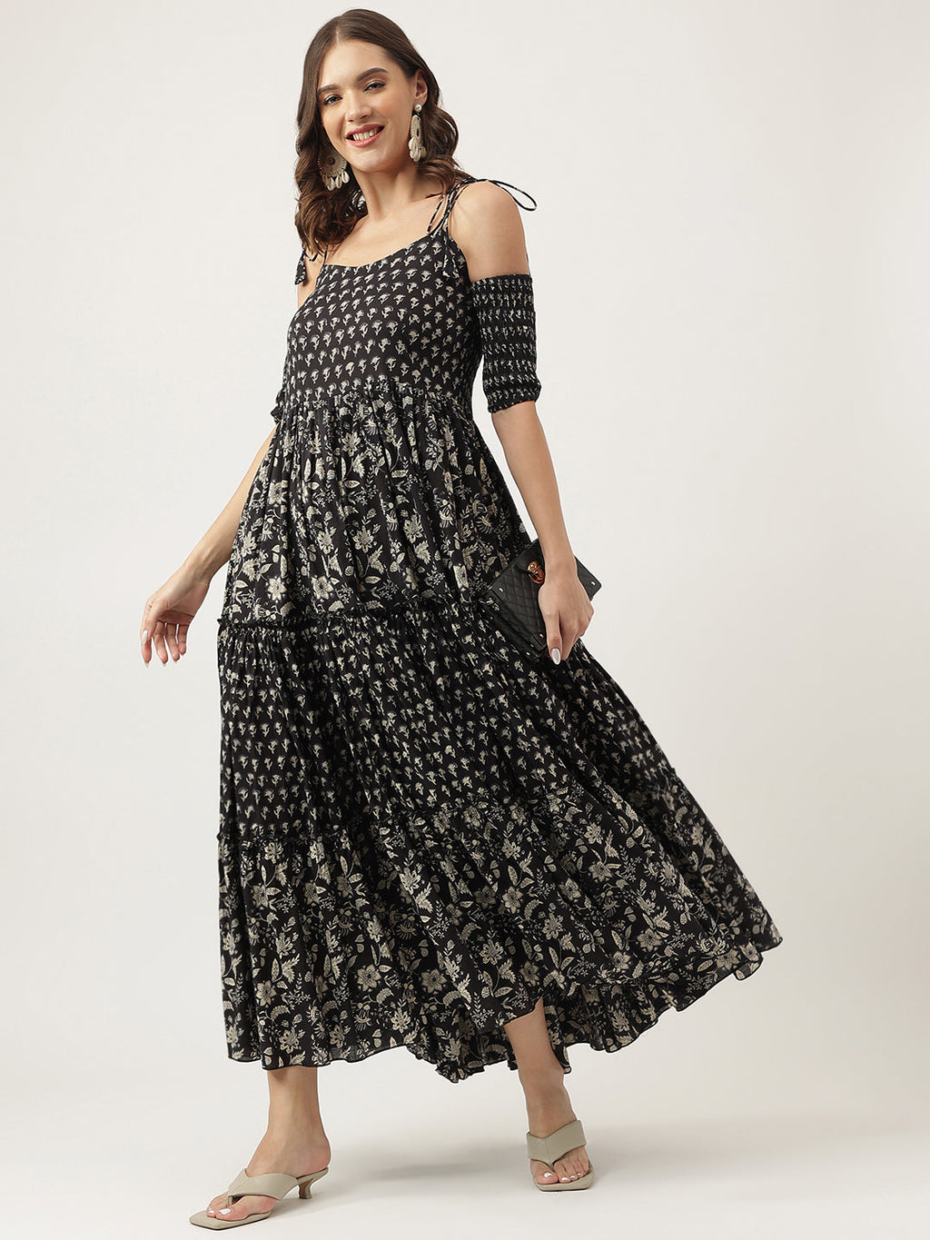 Noe Velarro Floral Printed Cotton Cold Shoulder Tiered Dress