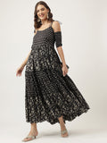 Noe Velarro Floral Printed Cotton Cold Shoulder Tiered Dress