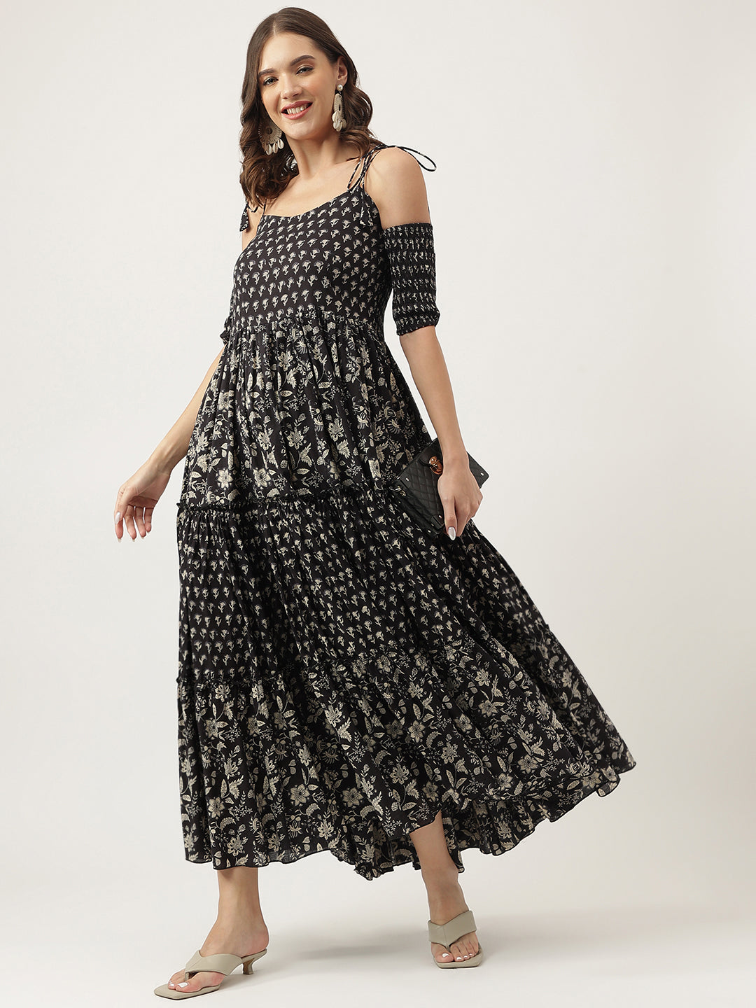 Noe Velarro Floral Printed Cotton Cold Shoulder Tiered Dress
