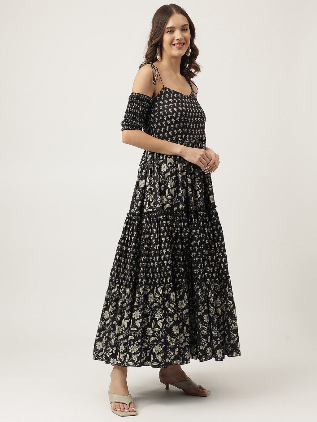 Noe Velarro Floral Printed Cotton Cold Shoulder Tiered Dress