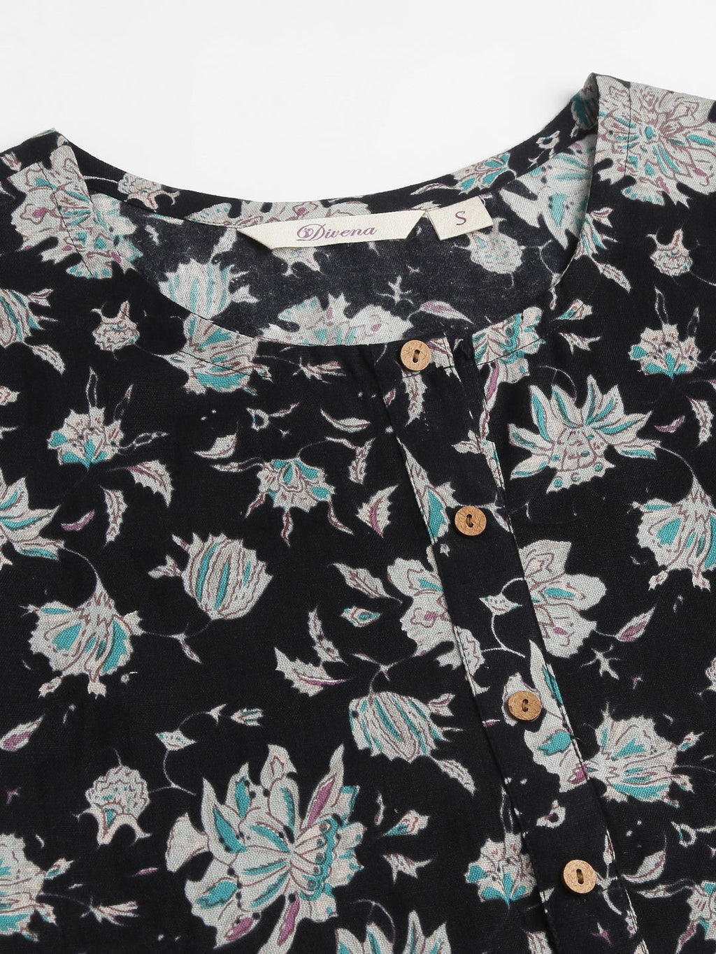 Noe Velarro Black Floral Print Straight Fit Cotton kurta