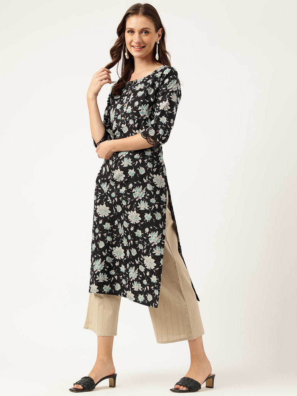 Noe Velarro Black Floral Print Straight Fit Cotton kurta