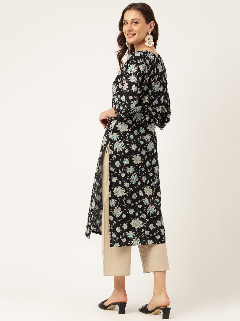 Noe Velarro Black Floral Print Straight Fit Cotton kurta