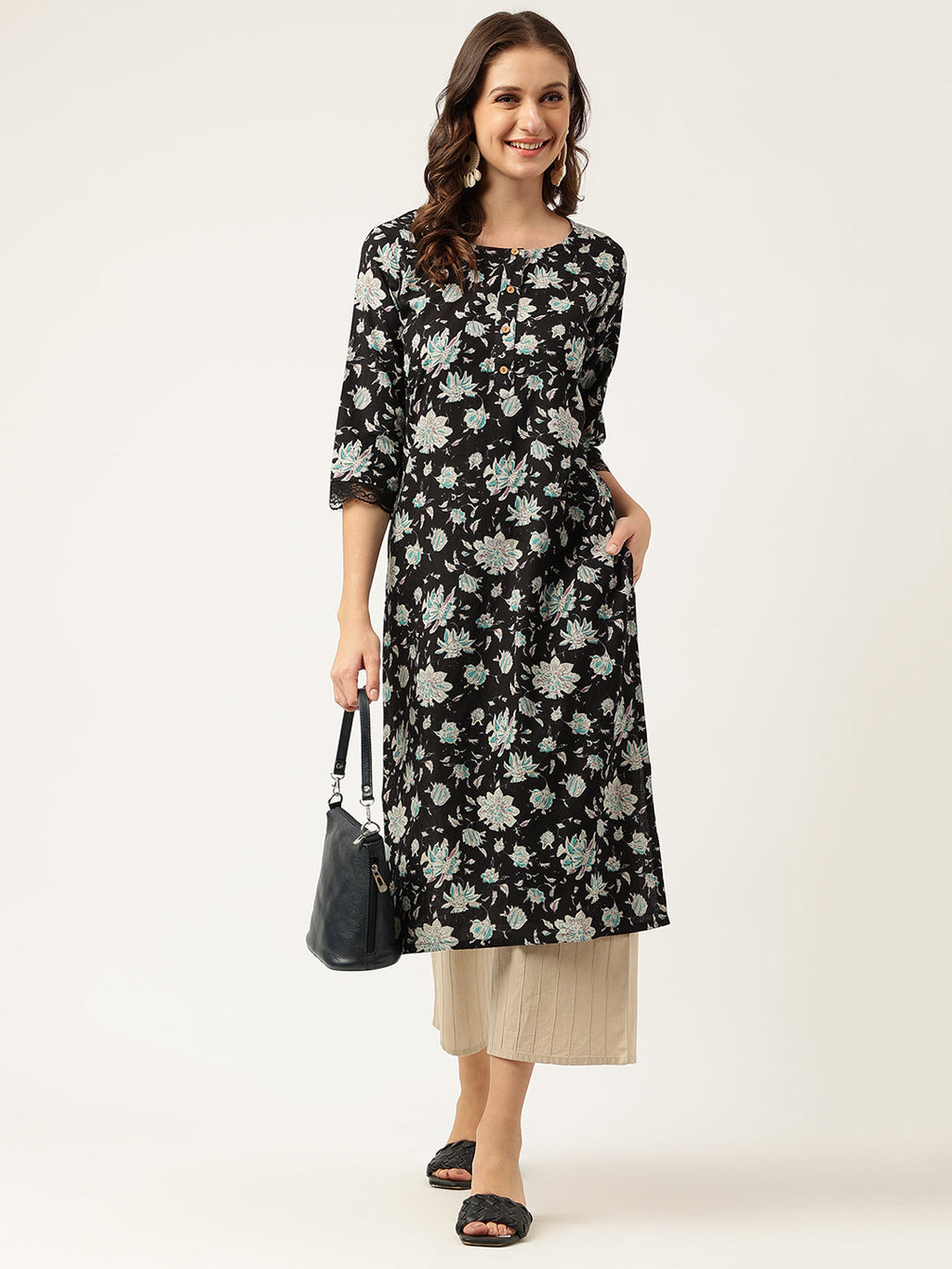 Noe Velarro Black Floral Print Straight Fit Cotton kurta