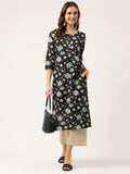 Noe Velarro Black Floral Print Straight Fit Cotton kurta